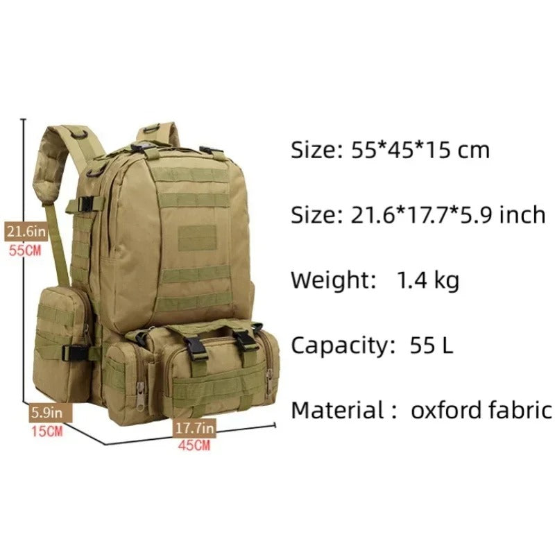 Mochila Tática Militar 50L Impermeável com Sistema MOLLE para Camping, Trilhas e Aventuras Outdoor